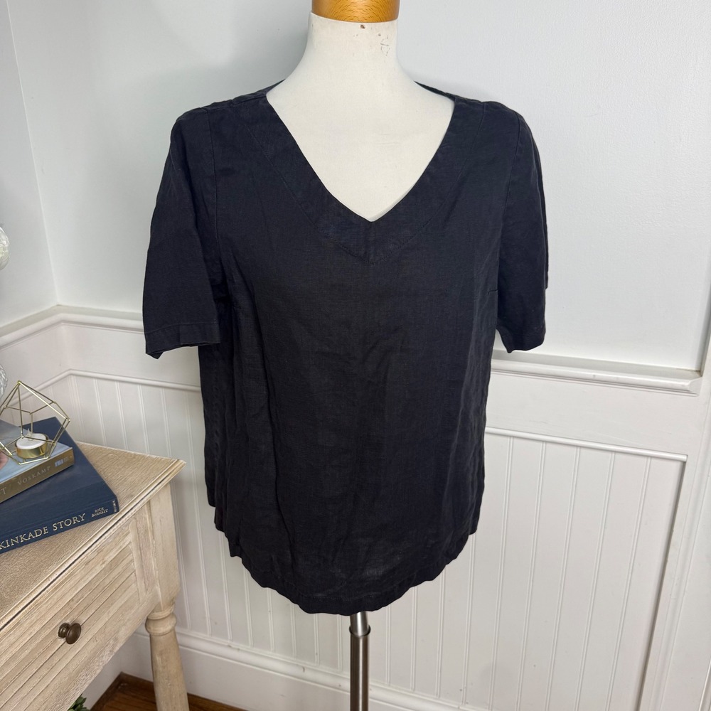 FLAX Womens Black 100% Linen V-Neck Short Sleeve Relaxed Top Size S